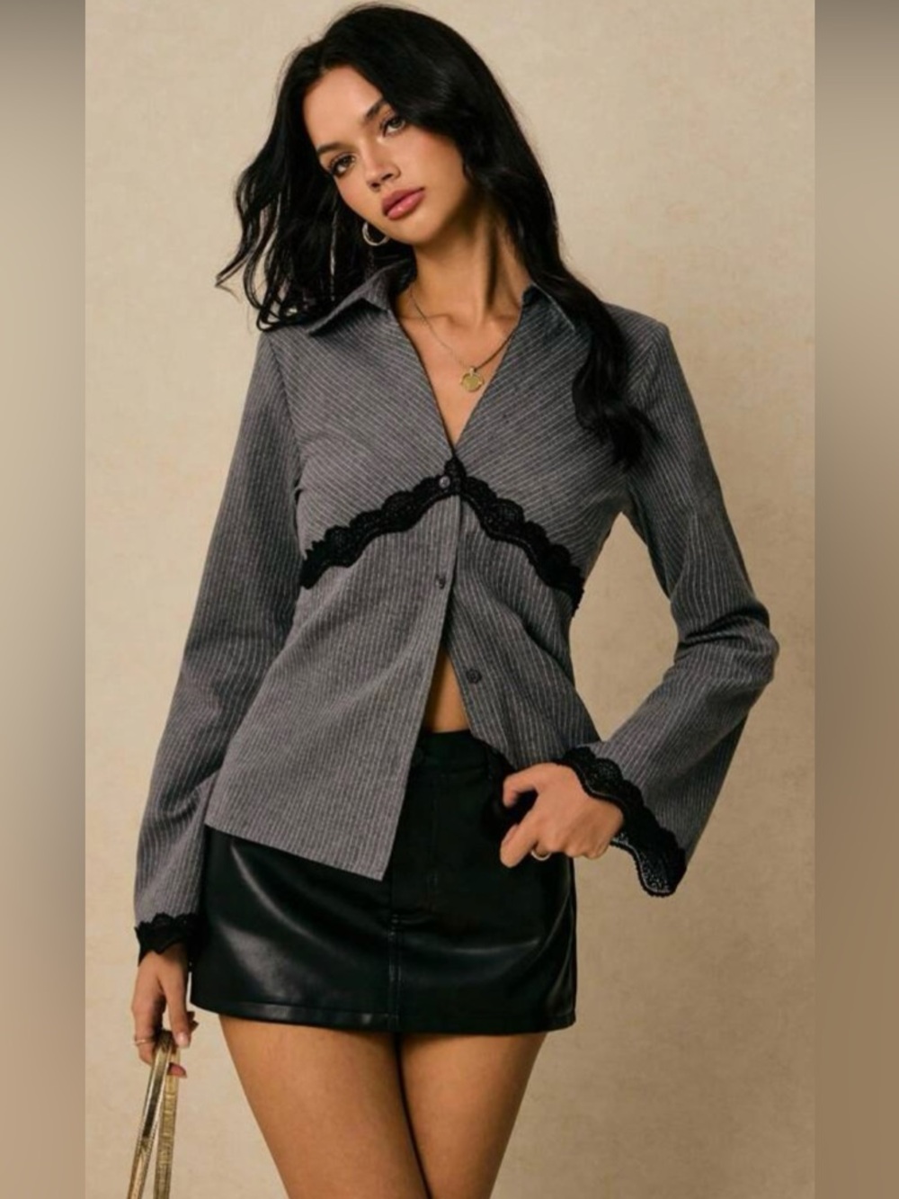 Poeselle Pinstripe Lace Blouse Top Sz S/4 Office Siren Mob wife Y2K Grail